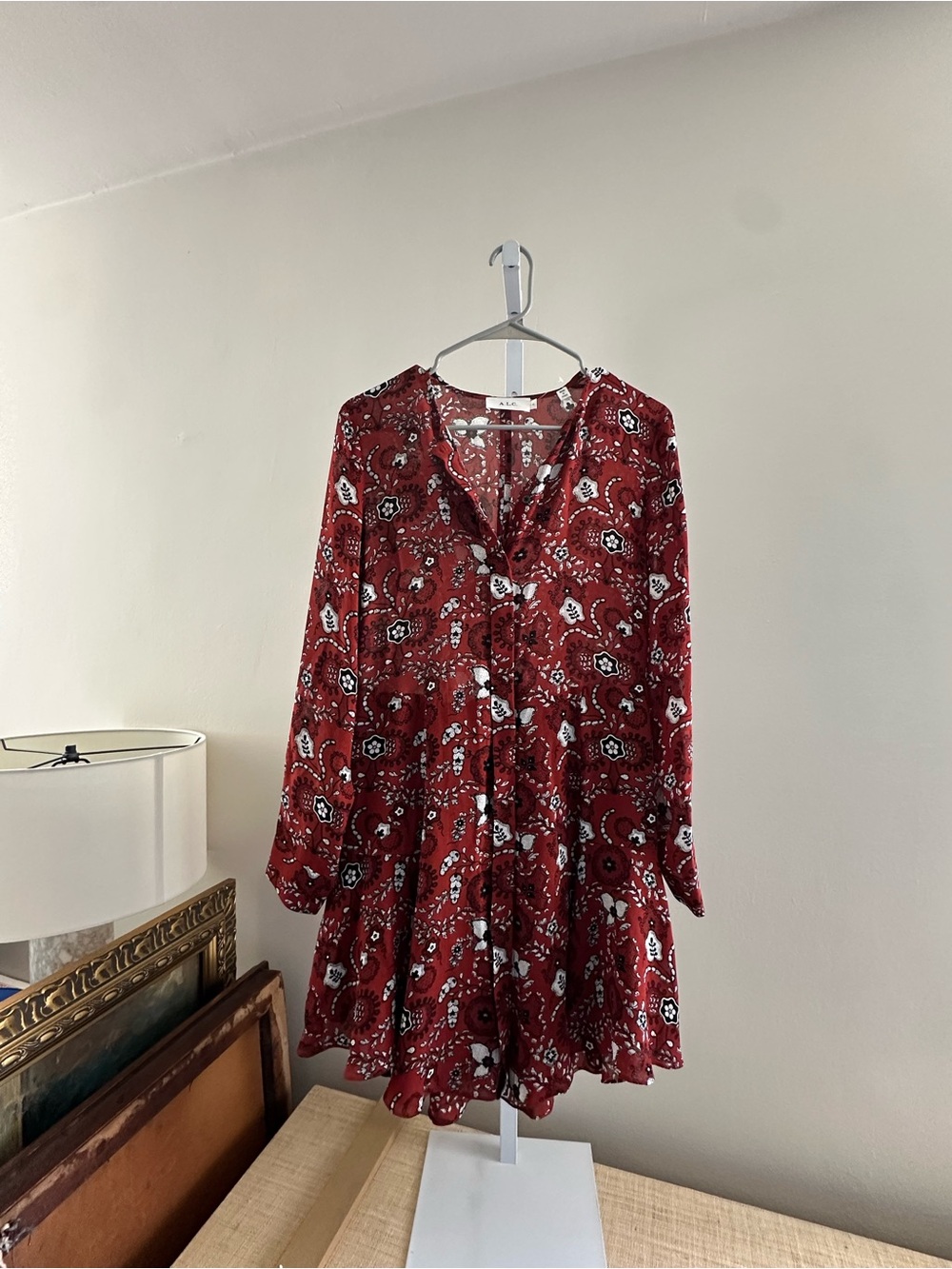 A.L.C. Silk Burgundy Floral Paisley Button-Front Long Sleeve Dress